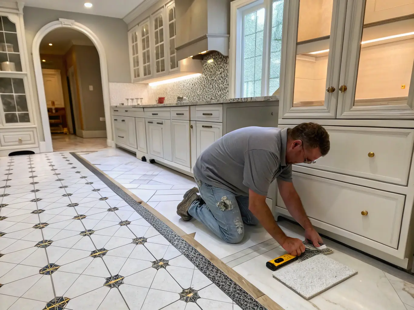A professional image depicting a skilled Elite Pro Surfaces technician meticulously installing tiles in a kitchen backsplash, demonstrating the company's commitment to quality and precision.