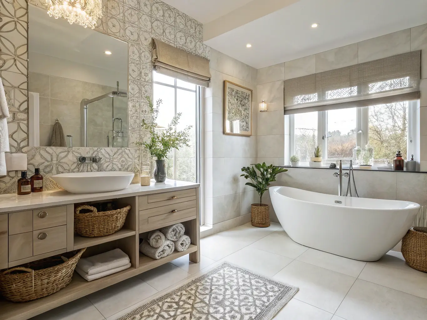 A high-quality photograph showcasing a recently completed bathroom remodeling project by Elite Pro Surfaces, featuring intricate tile work and modern fixtures, highlighting the company's attention to detail and craftsmanship.